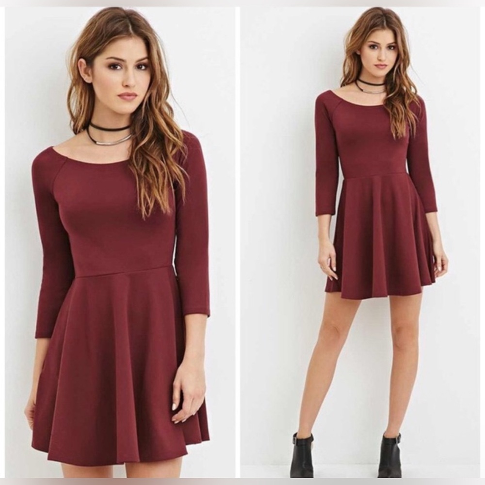(A3) Forever 21 Burgundy Skater Dress Size Medium NWOT | Long Sleeve Fit & Flare